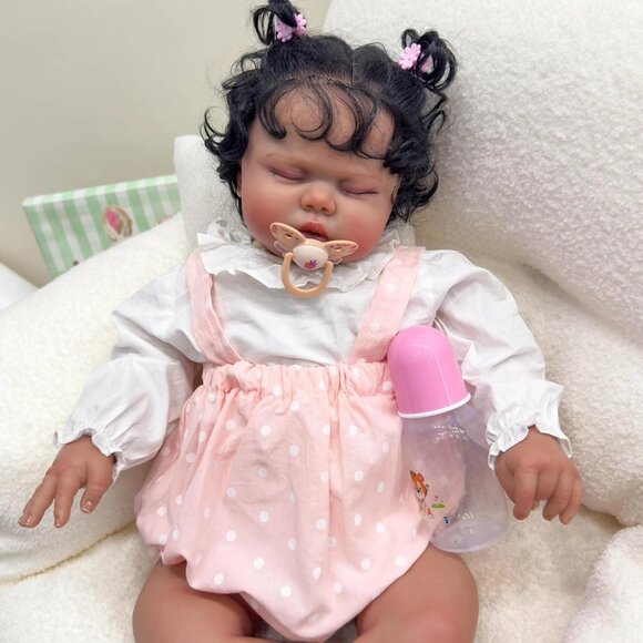 🆕 24Inch Full Silicone Lighter Brown Skin Reborn Toddler Doll with Curly Hair - Picture 2 of 6